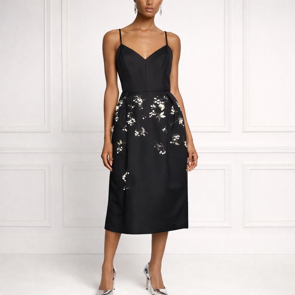NWT: Carolina Herrera Embellished Pleated Silk-Faille Midi Dress - Picture 1 of 14